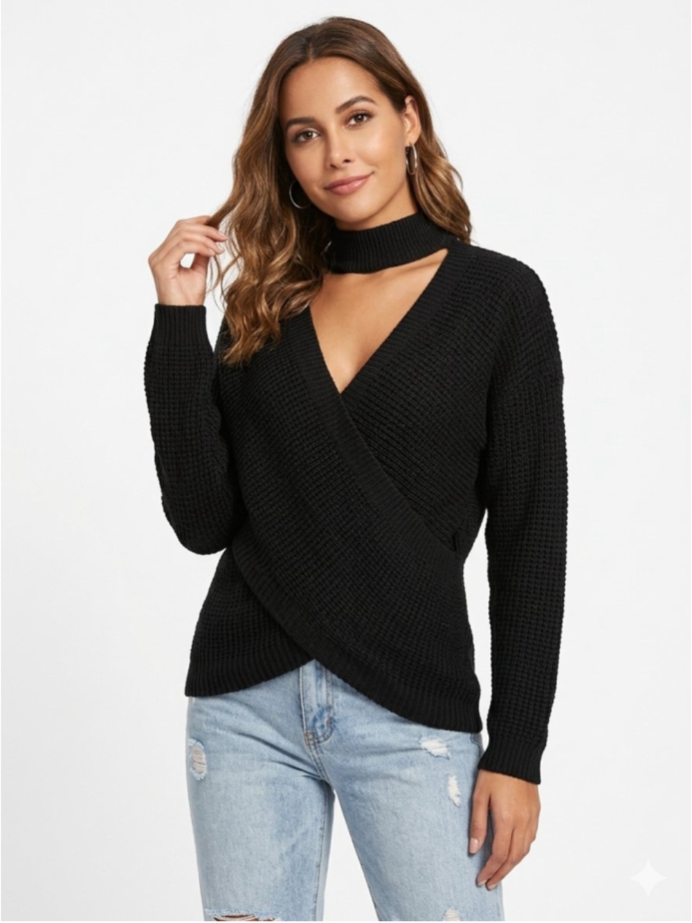 Women's Cloth Black Waffle Knit Choker Neck Wrap Sweater Size L